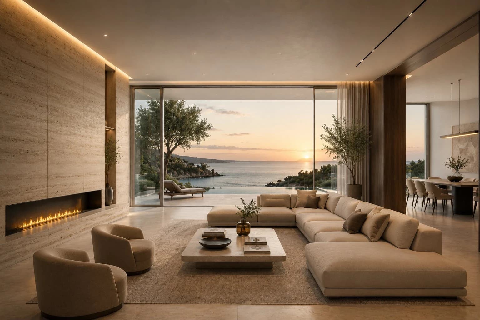 Waterfront luxury villa interior with uninterrupted surfaces and no visible audio equipment