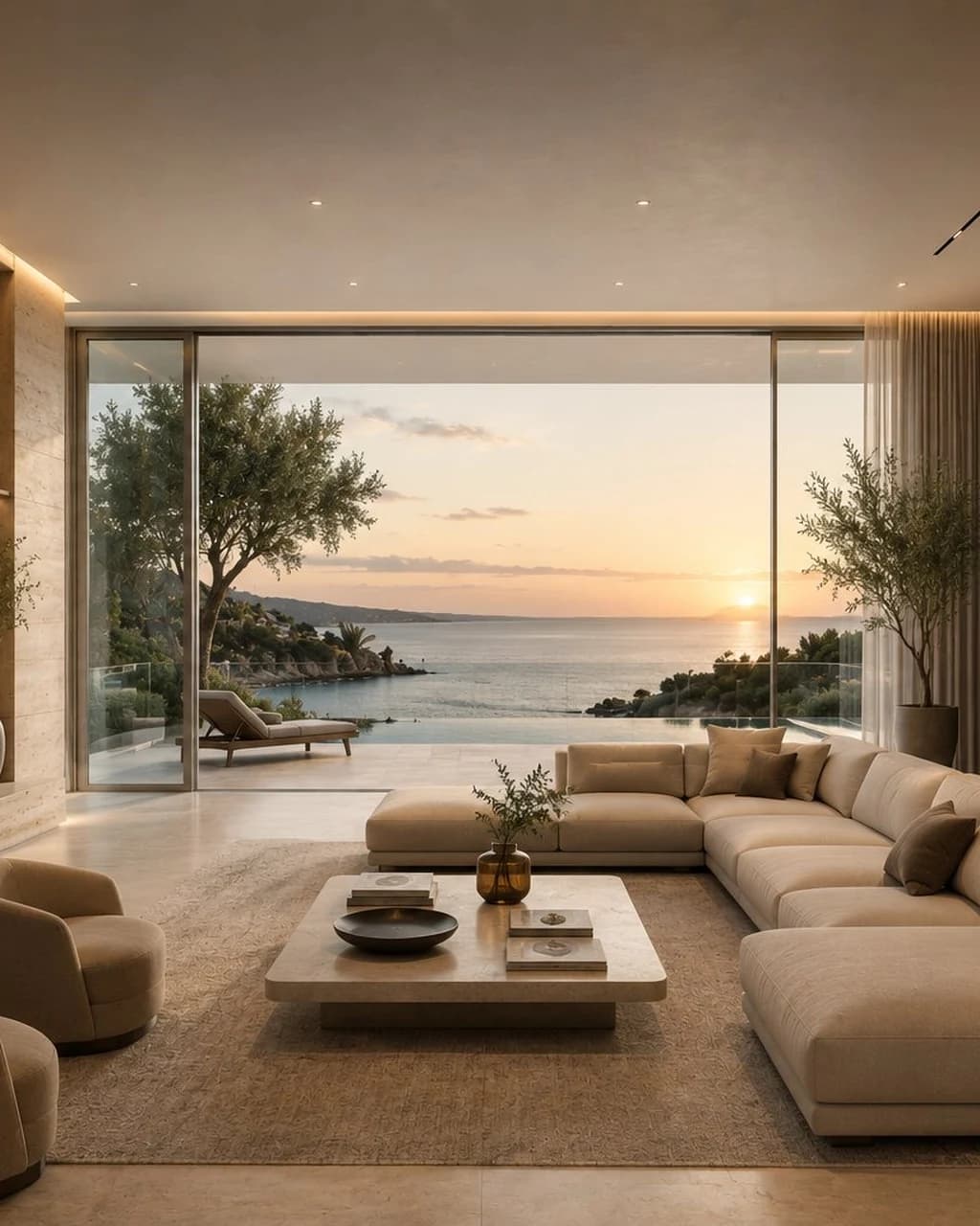 Luxury residential living room with uninterrupted architectural surfaces and no visible speakers